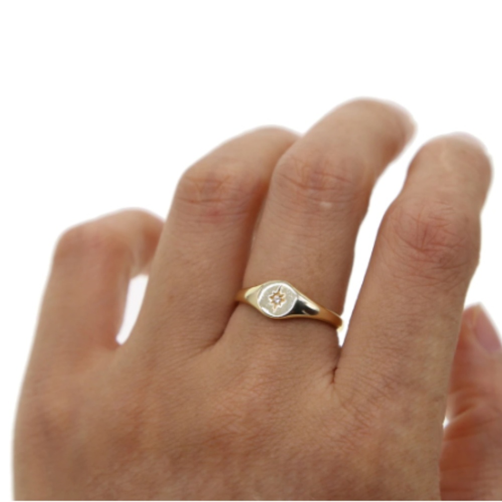 Diamond CZ Gold Signet Dainty Statement Ring - Picture 3 of 5